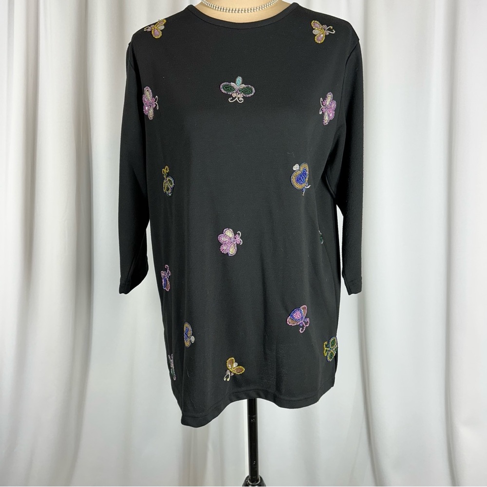 NWT Quacker‎ Factory Top Sz S Black Embellished Beaded Ladybug Butterfly Tunic